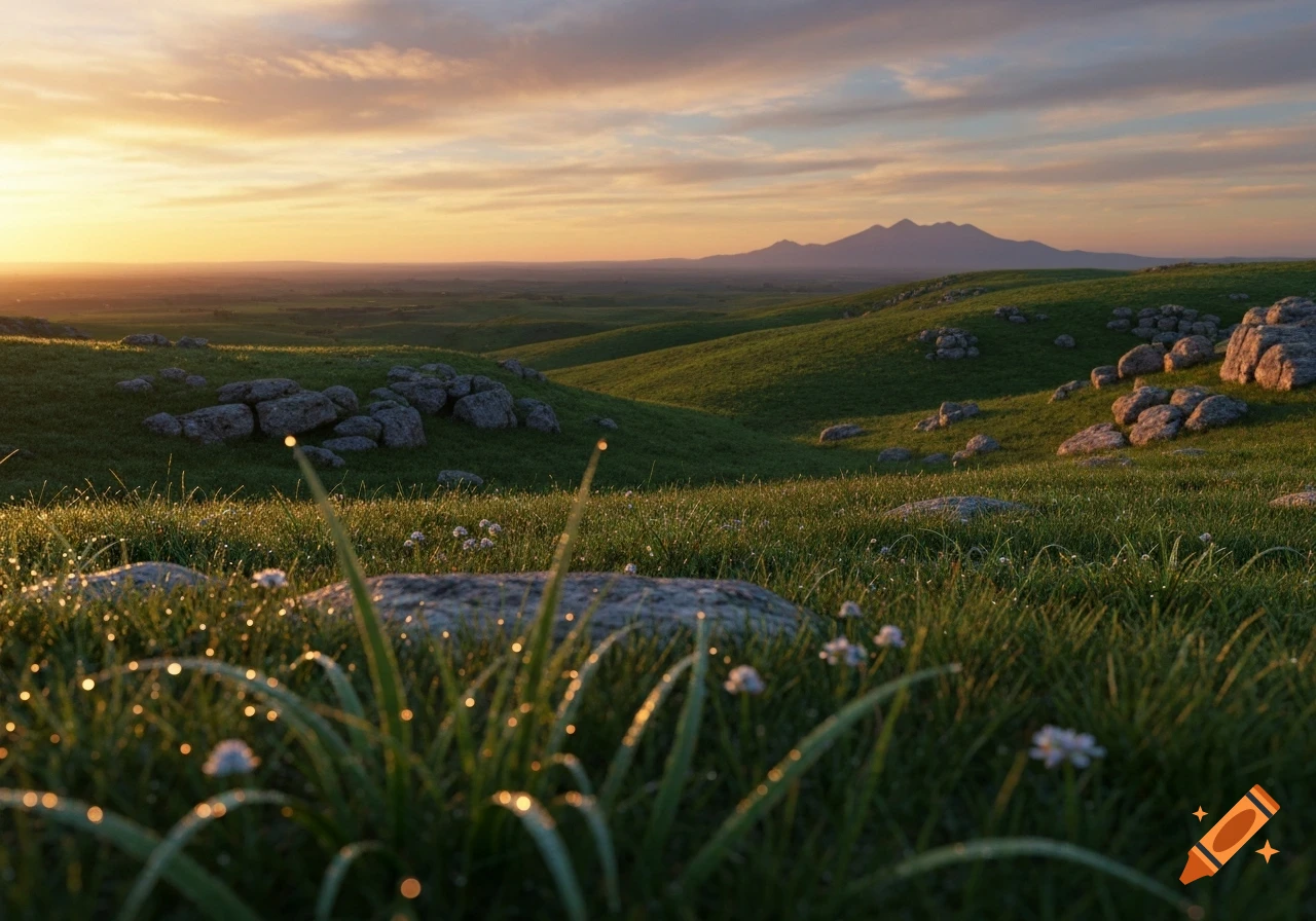 Photorealistic landscape of rolling green hills, scattered rocks, and distant mountains at sunset, with dew drops on foreground grass.