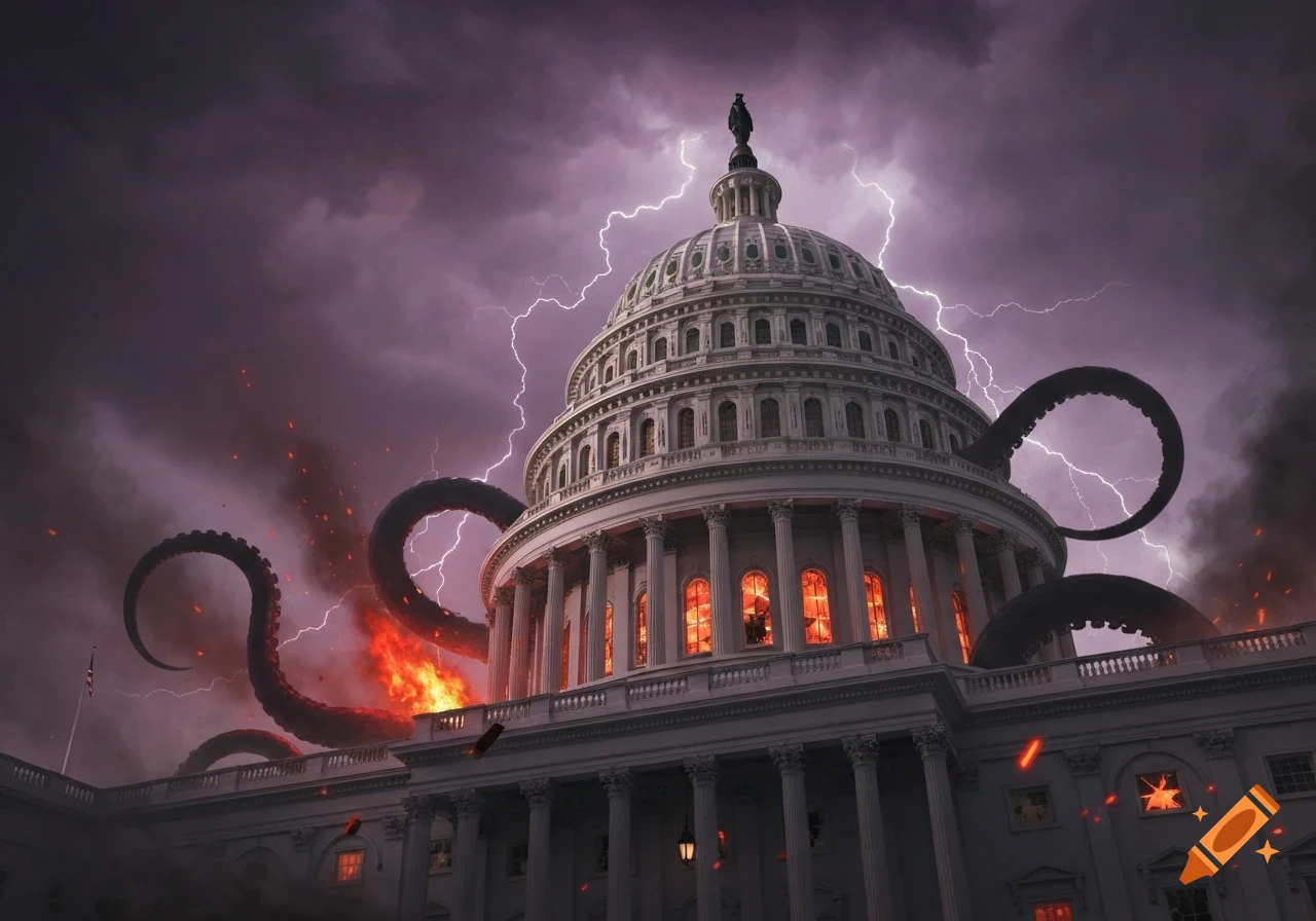 Giant black tentacles attack the US Capitol building, which is engulfed in fire, under a dark, lightning-filled sky.
