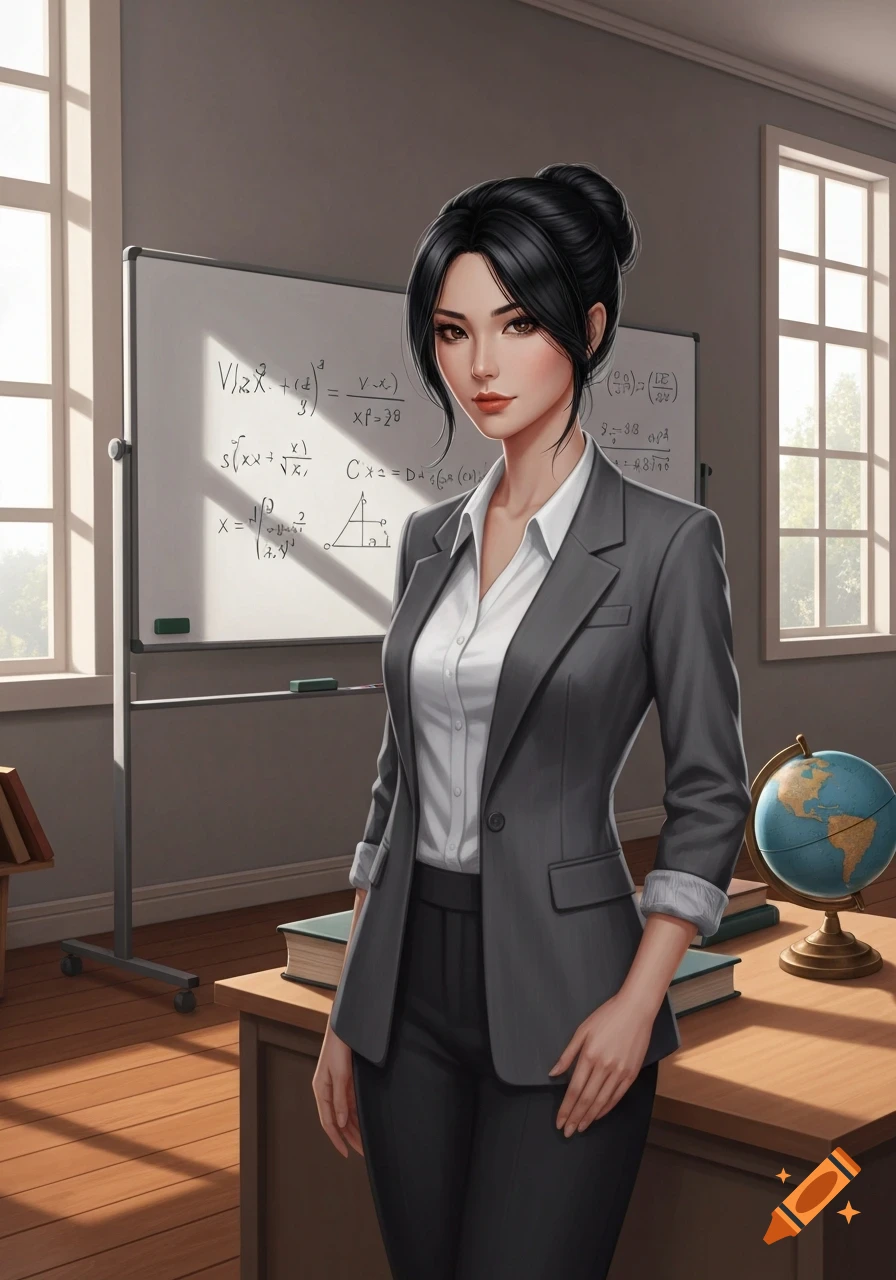 A stylized portrait of a young woman with dark hair, dressed in a business suit, standing in a classroom with a whiteboard and a globe.
