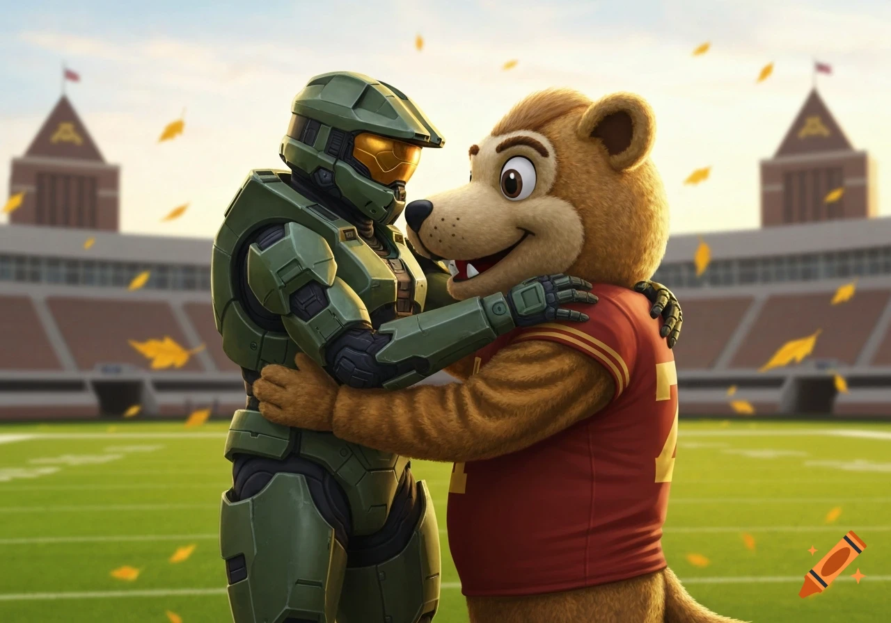 Master Chief from Halo hugs Goldy the Gopher mascot on a football field with falling leaves and stadium buildings.
