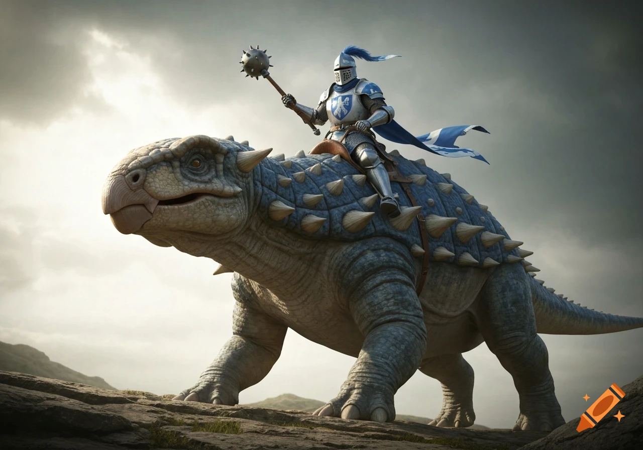A knight in blue and white armor, holding a morning star, rides a spiky blue-grey Ankylosaurus-like dinosaur across a rocky landscape under a cloudy sky.
