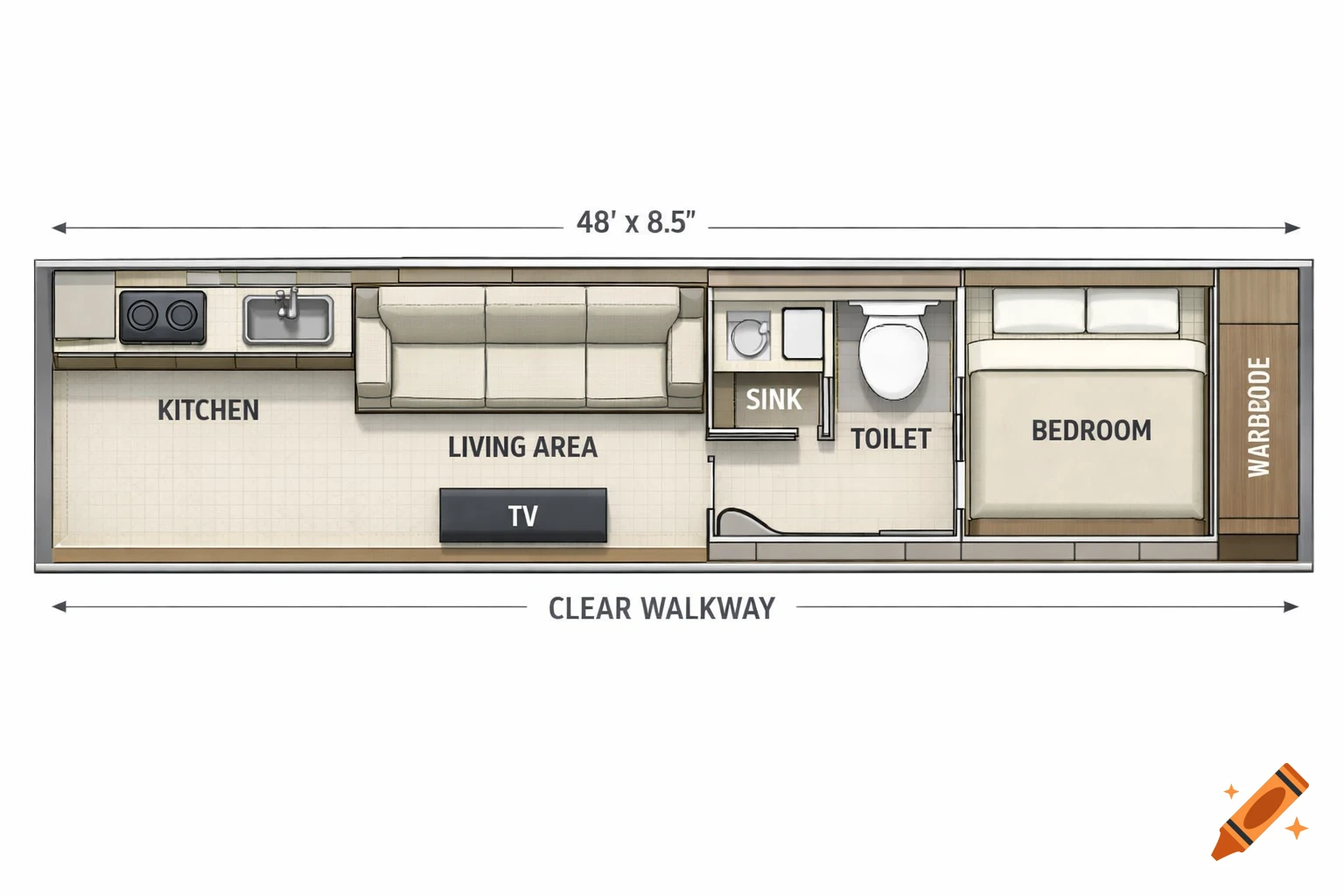 Overhead floor plan of a narrow vehicle interior converted into a kitchen, living area, bathroom, and bedroom, showing a continuous clear walkway.