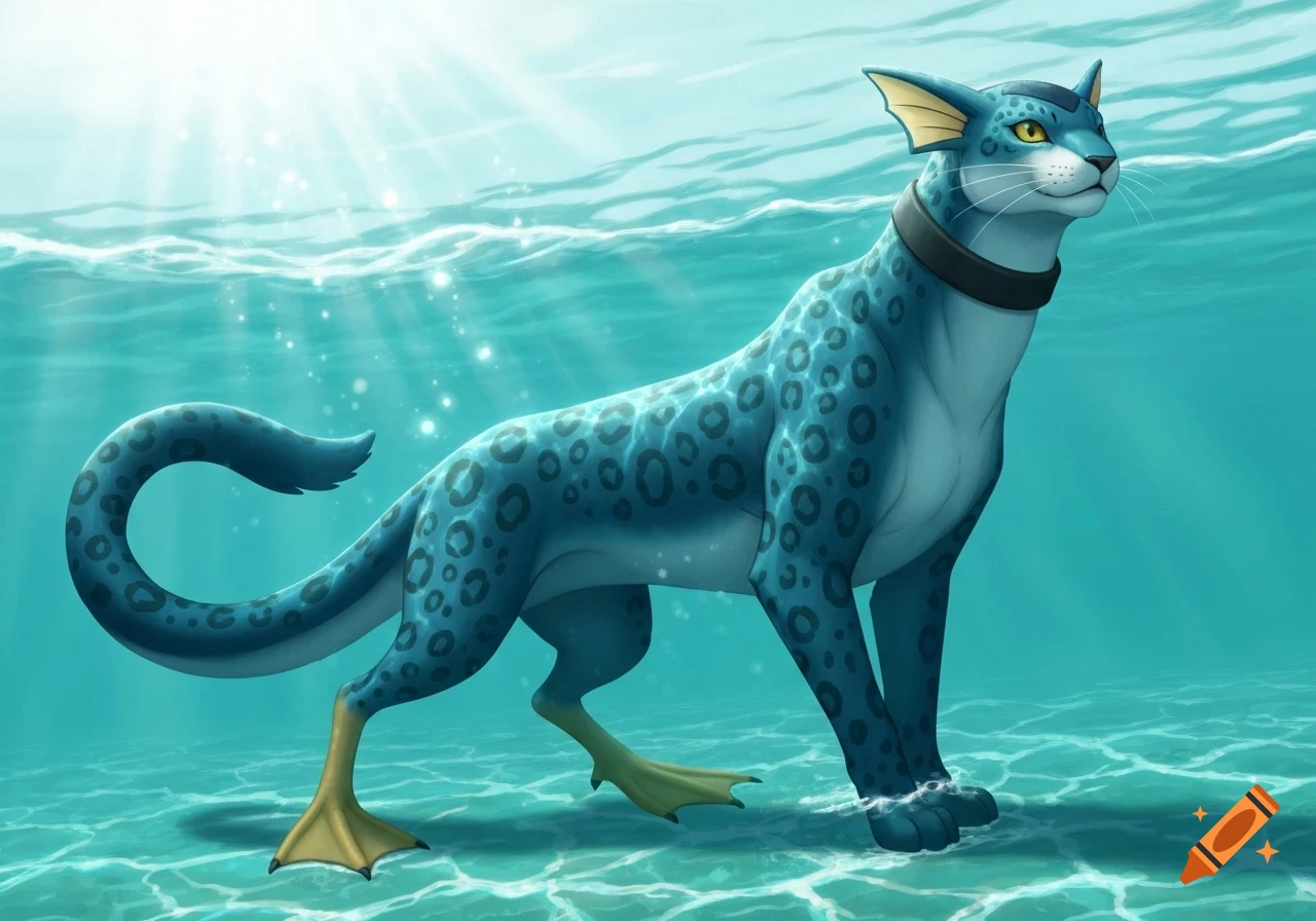 A blue, leopard-spotted fantasy creature with duck feet and a black collar stands underwater, illuminated by sun rays from above.