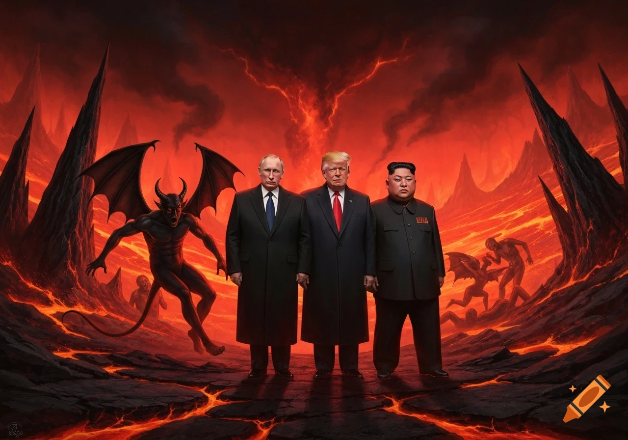 Putin, Trump, and Kim Jong Un stand in a fiery hellscape with demons and jagged rocks, depicted in a dark fantasy art style.
