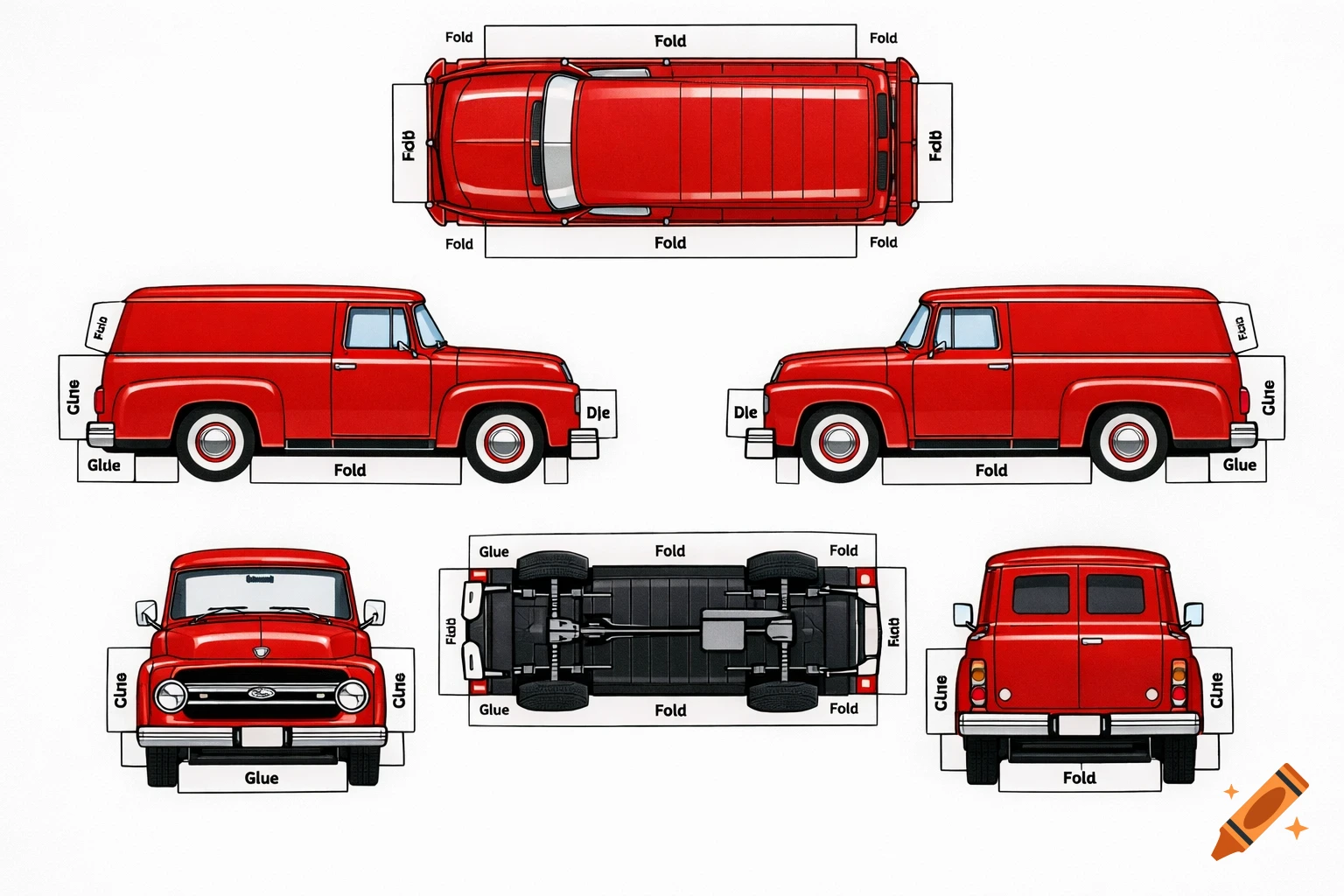 A paper toy cutting template of a red 1956 Ford F-100 panel wagon, shown from multiple perspectives with "Fold" and "Glue" labels.