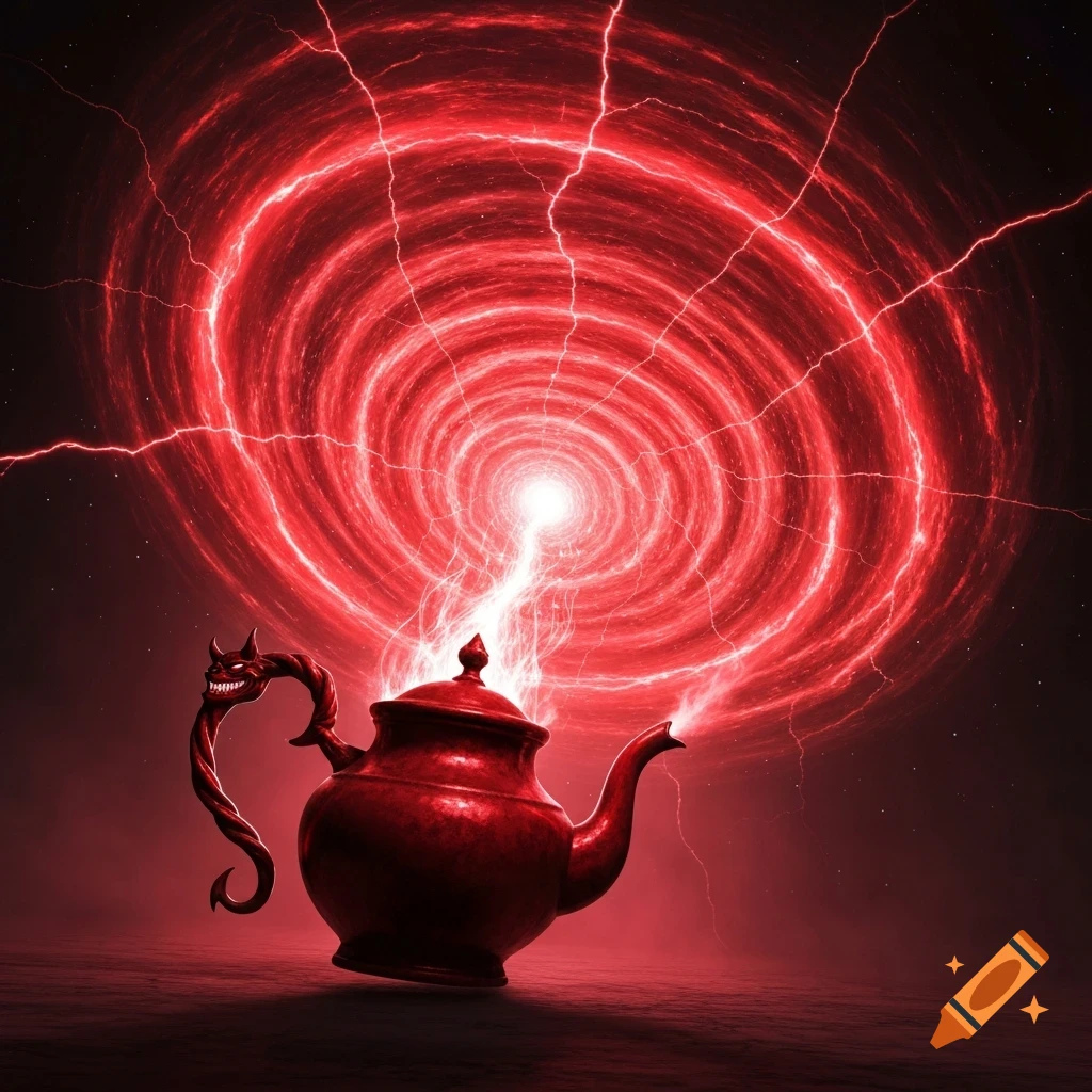 A red teapot with a devil-shaped handle summons a glowing, spiraling red cosmic vortex and lightning against a dark background.