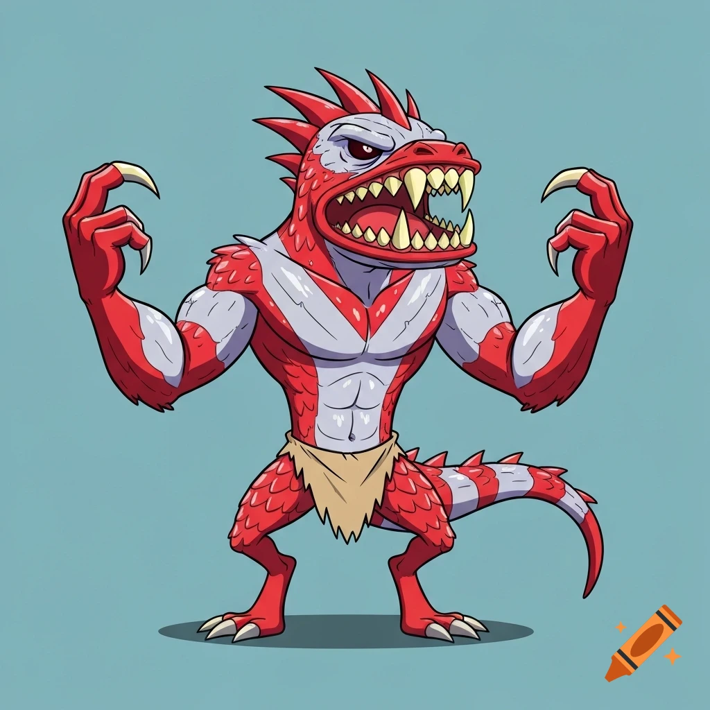 A two-legged red and platinum scaled cartoon monster with big clawed arms, a v-shaped torso, small legs, a tail, and a large fanged underbite mouth, wearing a loincloth.