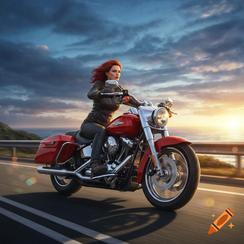 Red-haired woman on a red motorcycle riding along a coastal road at sunset, photorealistic.