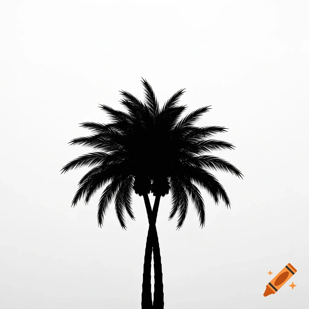 Two black palm tree silhouettes with intersecting trunks stand against a plain white background.