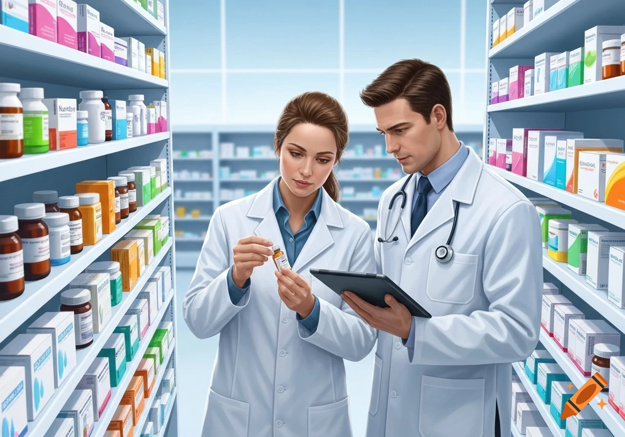 A man and a woman in lab coats examining medicine bottles in a photorealistic pharmacy aisle.