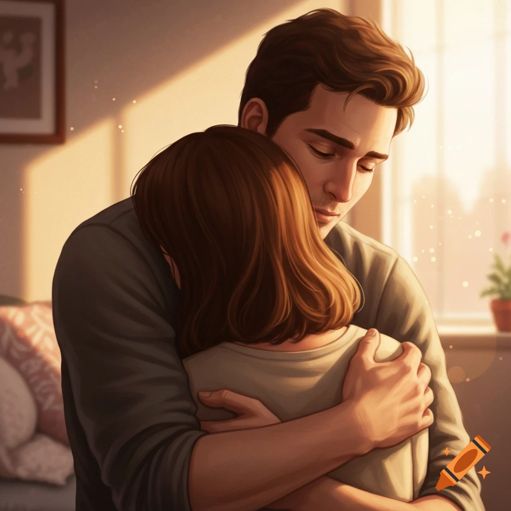 Digital illustration of a man tenderly embracing a woman from behind, bathed in warm sunlight indoors.