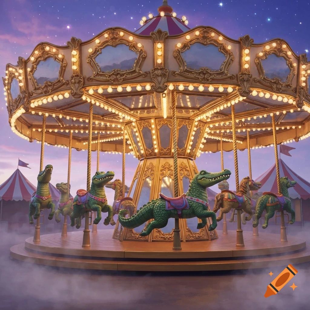 A whimsical carousel with green alligator and horse rides, brightly lit under a starry twilight sky with circus tents in the background.