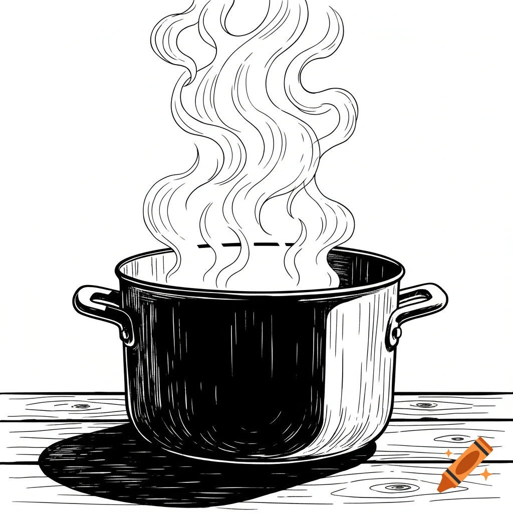 A black and white illustration of a steaming cooking pot on a wooden ...