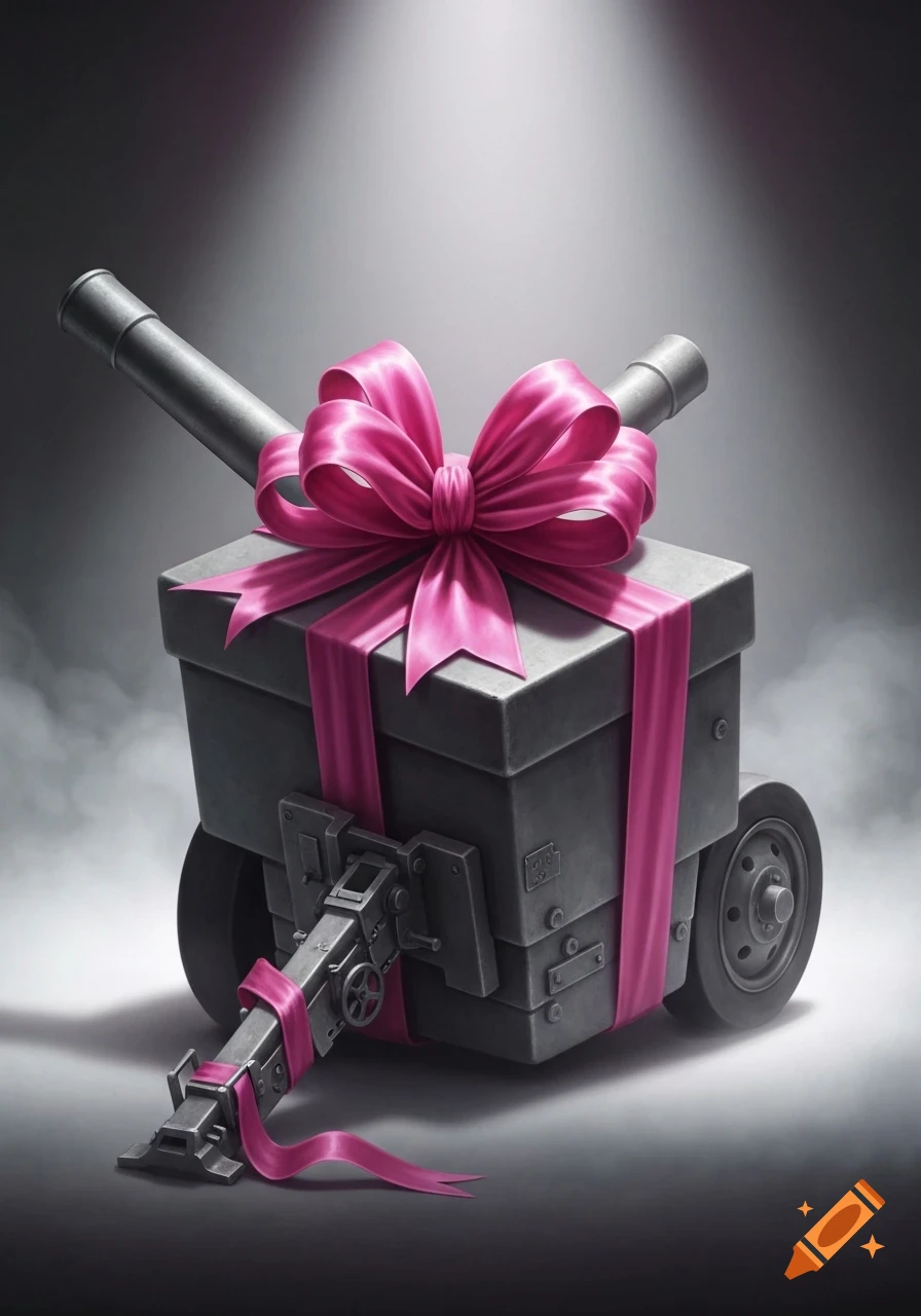A stylized howitzer, resembling an artillery cannon, wrapped in a bright pink ribbon like a gift, against a dark background with spotlighting.