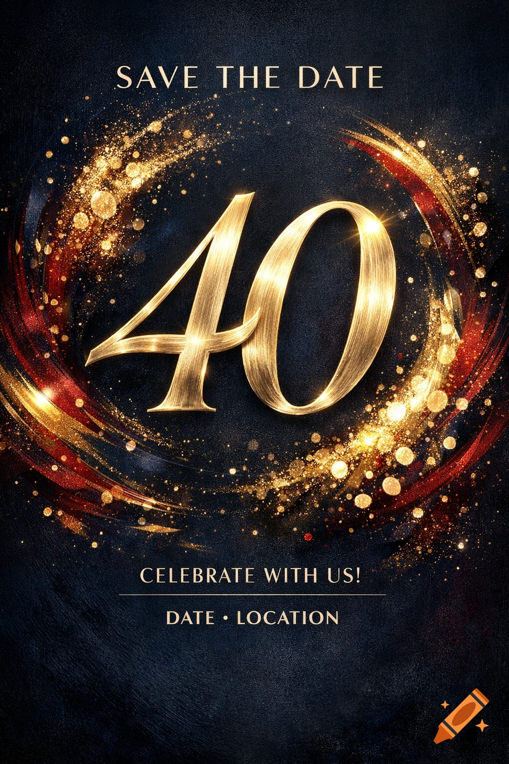 Elegant Save the Date card for a 40th birthday, featuring a golden '40' amidst sparkling gold and red swirls on a dark background.