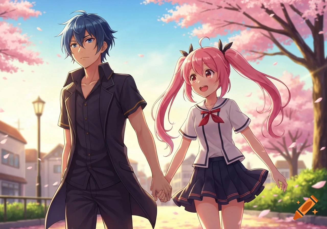 Anime boy with blue hair and girl with pink pigtails hold hands, walking under cherry blossom trees on a sunny street.