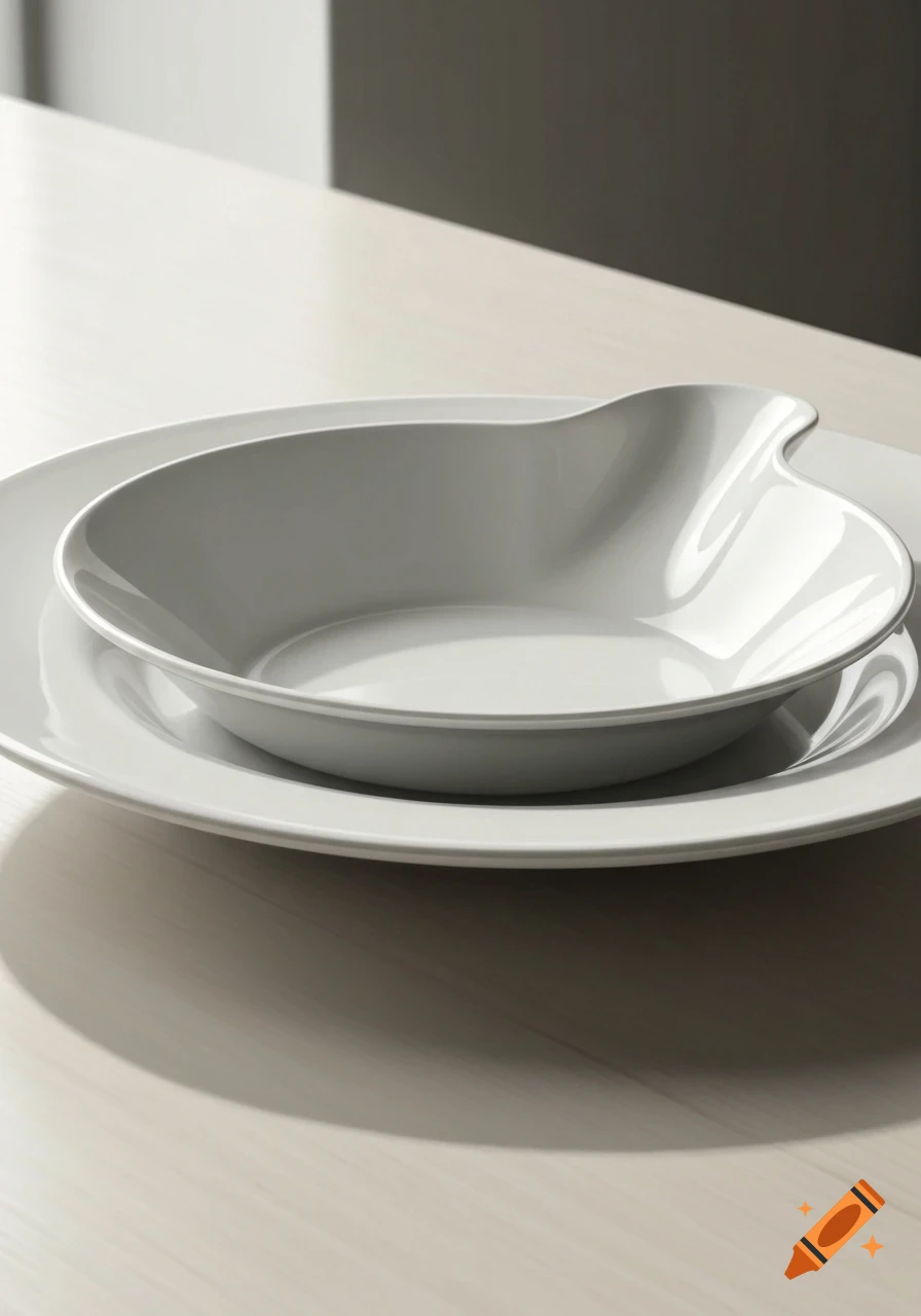 A white ceramic bowl with a raised, inwardly curved edge rests on a white plate on a light wooden table, with soft lighting.