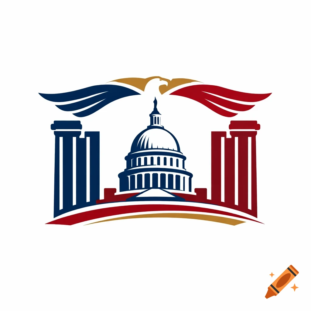 A stylized patriotic logo of a blue Capitol building with an eagle, flanked by blue and red columns, on a red and gold base.