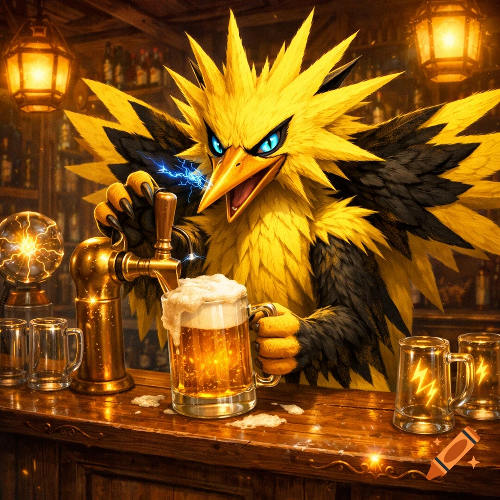 A fierce, yellow Zapdos with blue eyes serves a foamy beer from a tap in a rustic bar, lightning crackling from its beak.