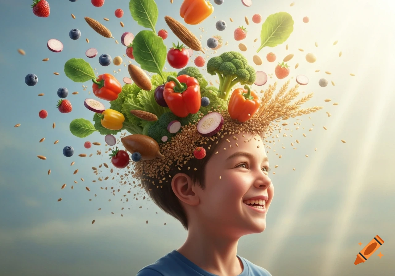 Smiling young boy with healthy fruits, vegetables, and grains bursting from his head against a bright sky.