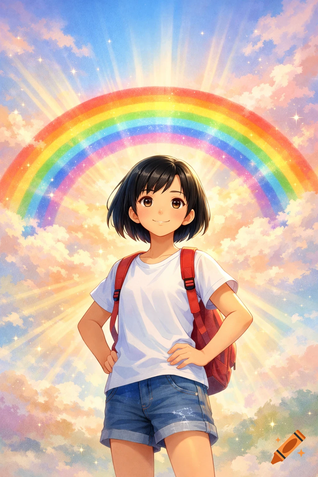 An anime girl with short black hair and a red backpack smiles in front of a vibrant rainbow and a cloudy sky.