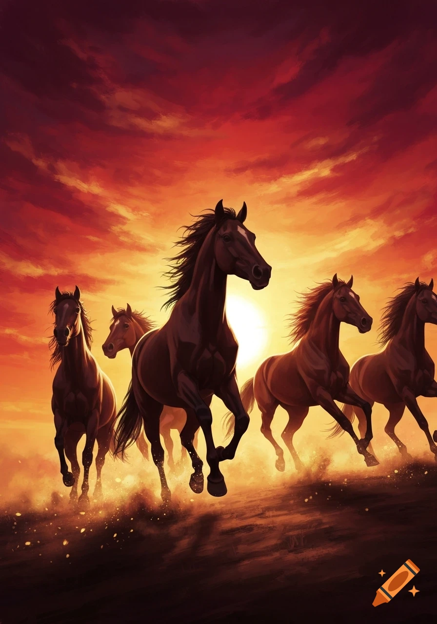 Illustrated dark horses gallop across a dusty field against a vibrant orange and red sunset.