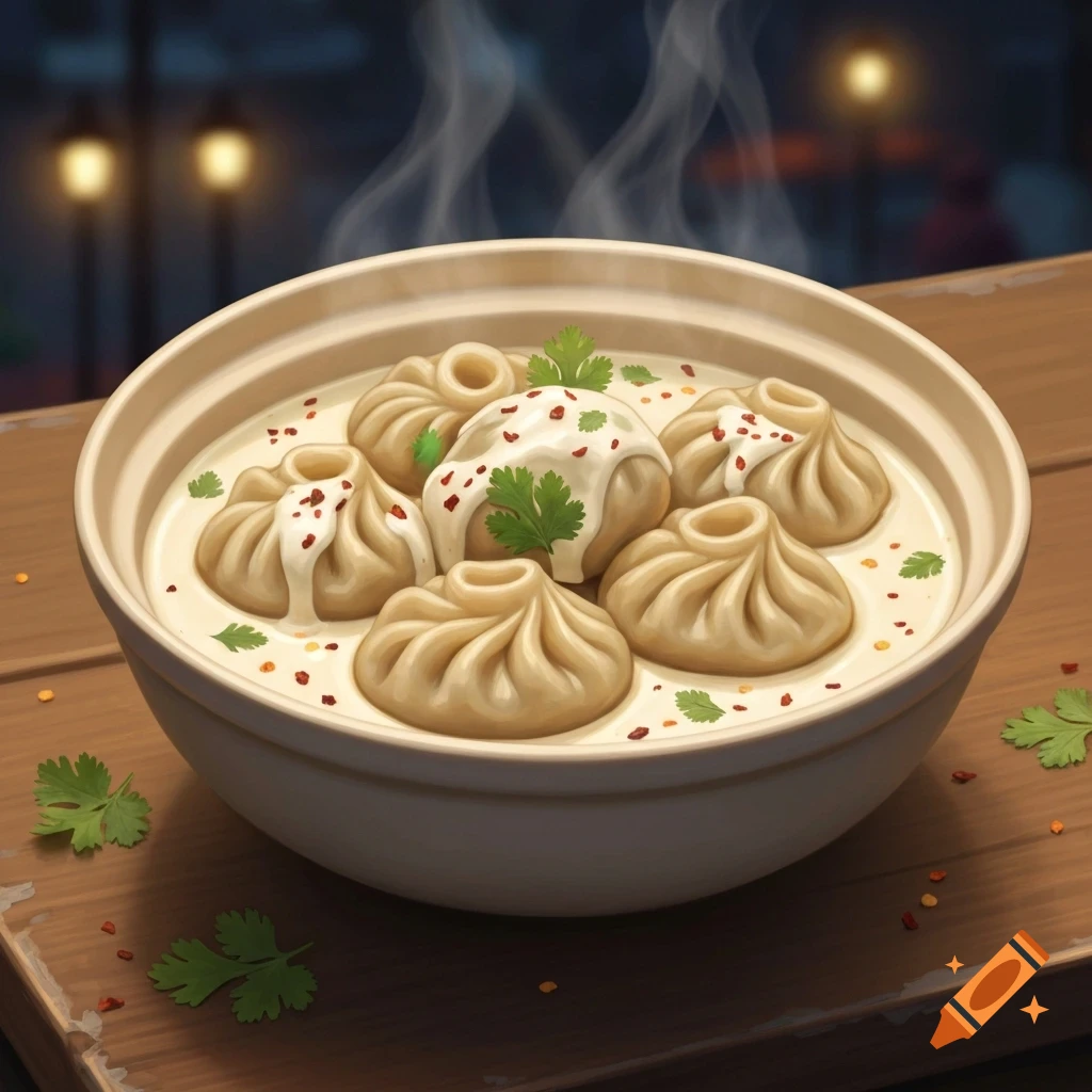 A steaming bowl of veg malai momos topped with creamy white sauce, chili flakes, and cilantro on a wooden table, with blurred warm lights in the background.