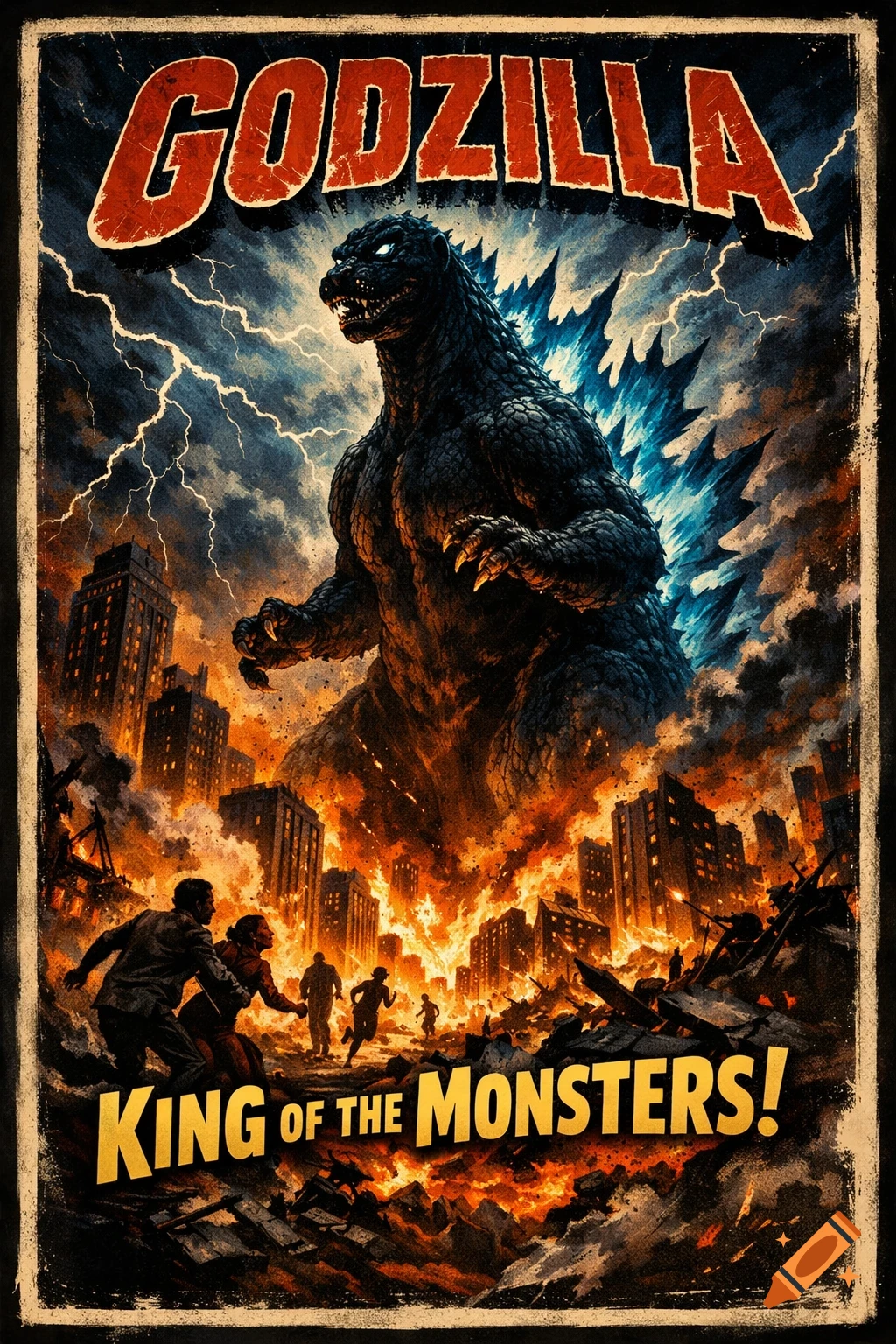 Vintage movie poster featuring a massive Godzilla roaring amidst a burning city, with people fleeing in terror. Text reads "GODZILLA KING OF THE MONSTERS!"