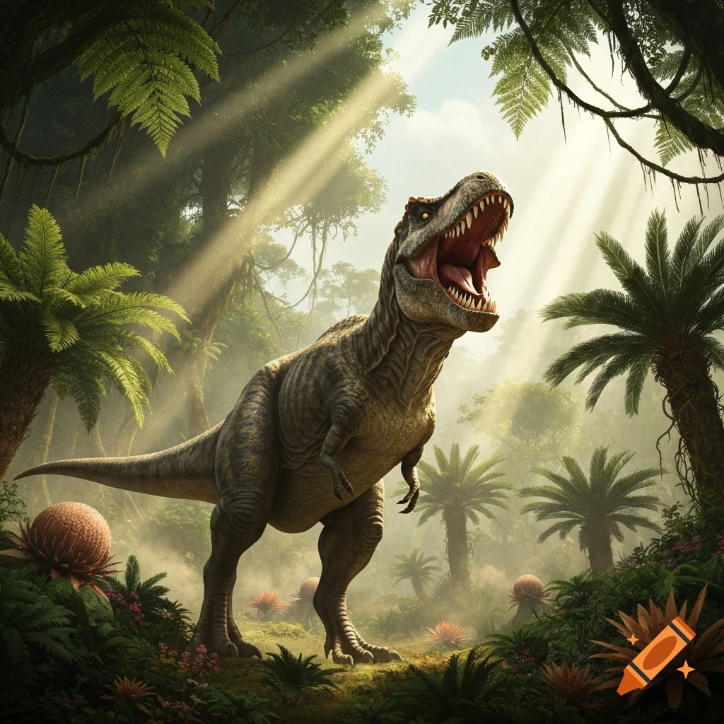 A roaring Tyrannosaurus Rex stands in a lush, dense prehistoric jungle with bright sun rays filtering through the canopy.