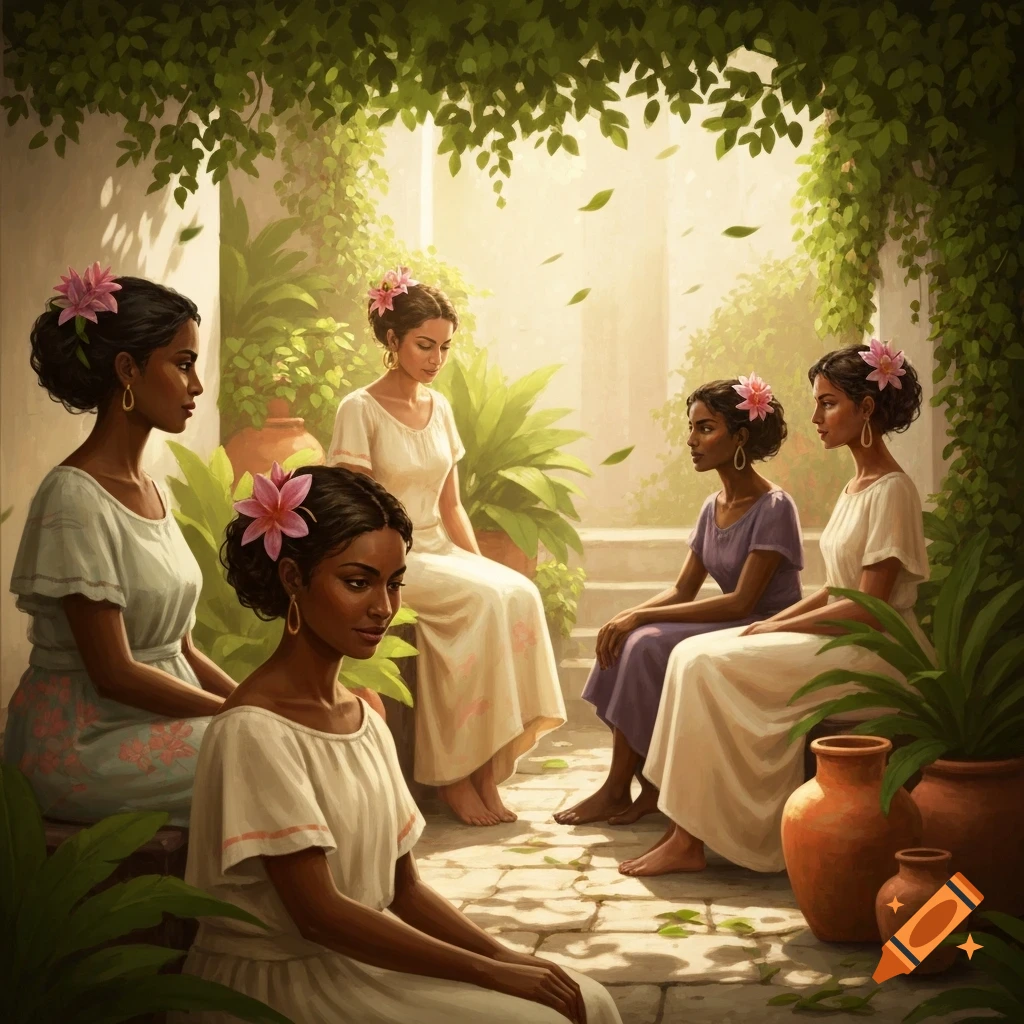 Five women with dark hair and pink flowers in their updos sit in a sunlit garden, wearing simple light-colored dresses.