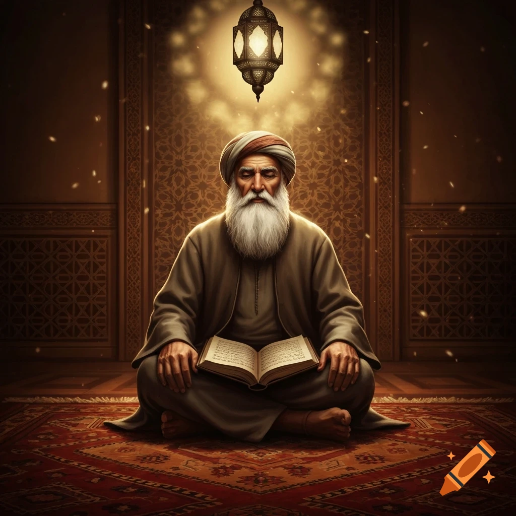 An old man with a long white beard and turban sits cross-legged on a patterned rug, reading an open book under a lantern's glow.
