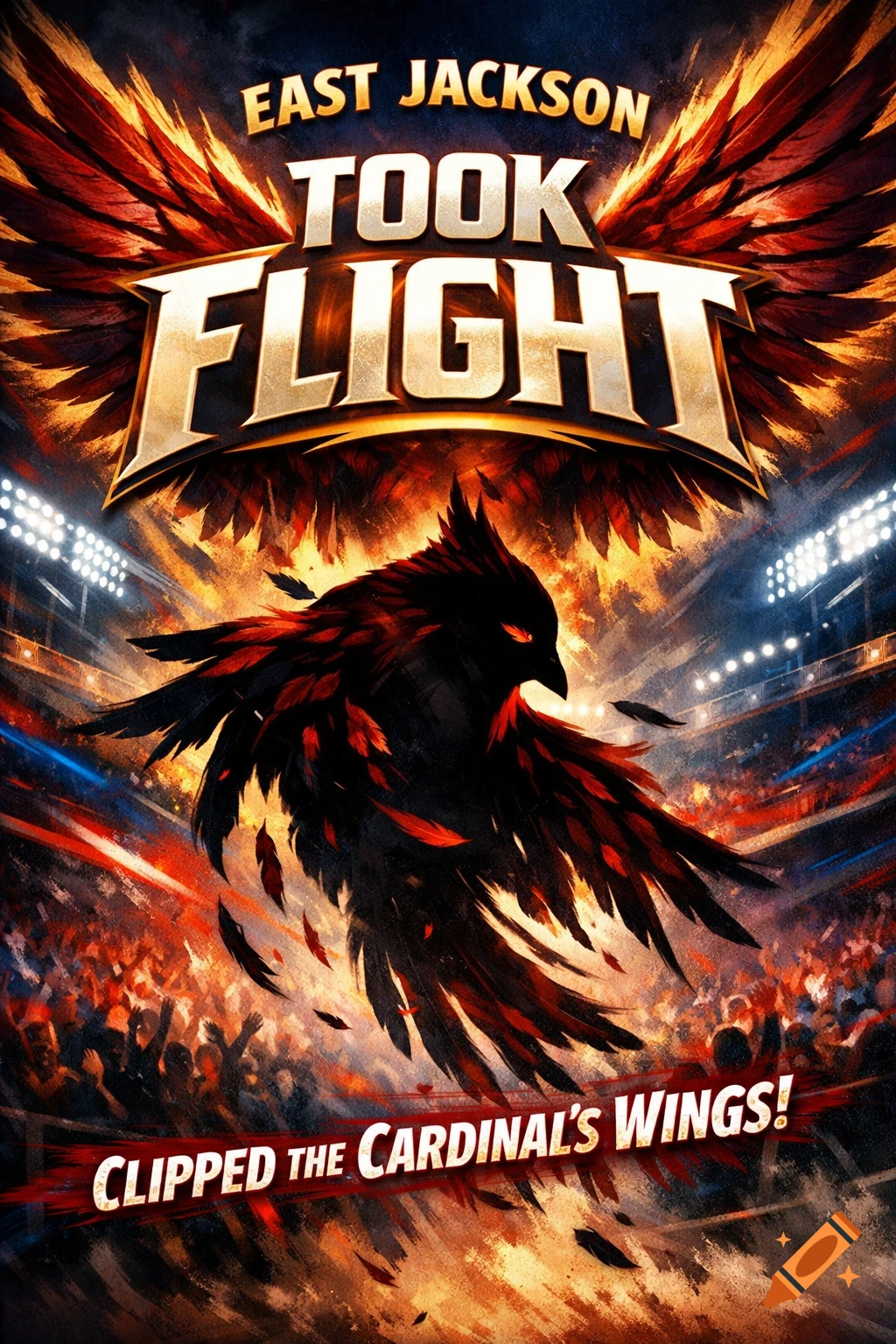 A vibrant poster with a black and red stylized bird with fiery wings flying over a stadium, with the text 'EAST JACKSON TOOK FLIGHT CLIPPED THE CARDINAL'S WINGS!'