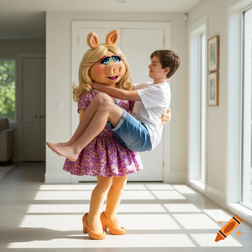 Miss Piggy, a Muppet character, carries a teenage boy in a white t-shirt and blue shorts through a bright room.