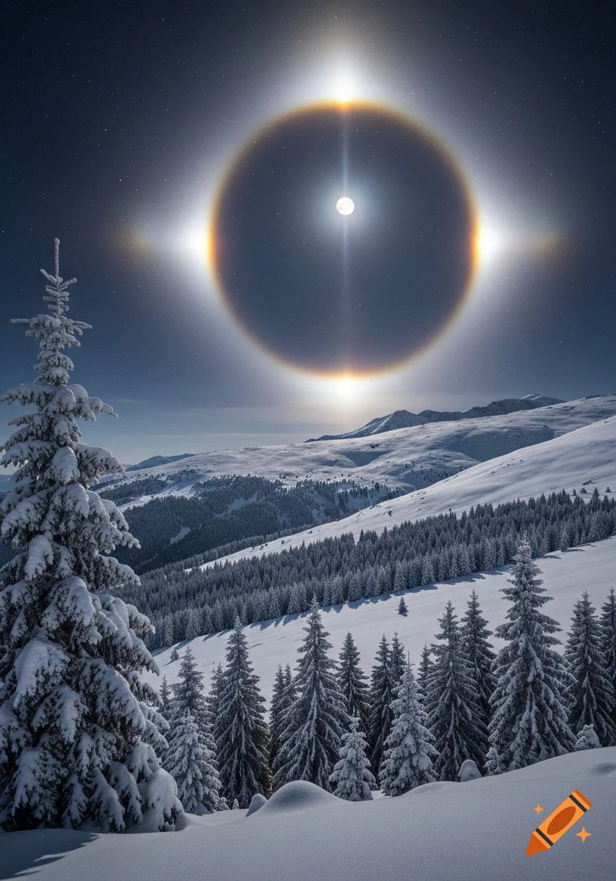 A stunning winter night landscape with snow-covered mountains and evergreen trees under a starry sky, featuring a bright full moon surrounded by a large, colorful halo.