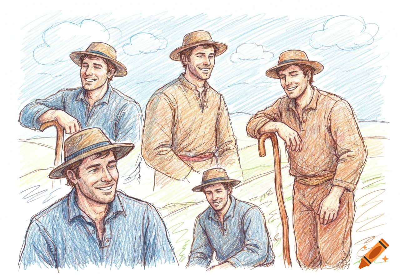 Multiple colored pencil drawings of a smiling male shepherd in a straw hat, holding a staff, against a simple sky and hills.