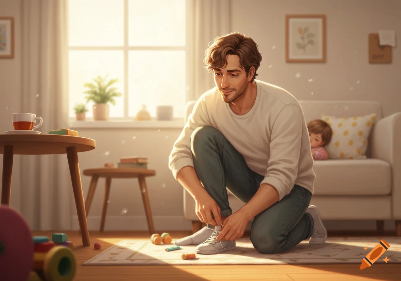 An illustration of a father tying his shoe in a sunny living room, with a sleeping child on the couch in the background.