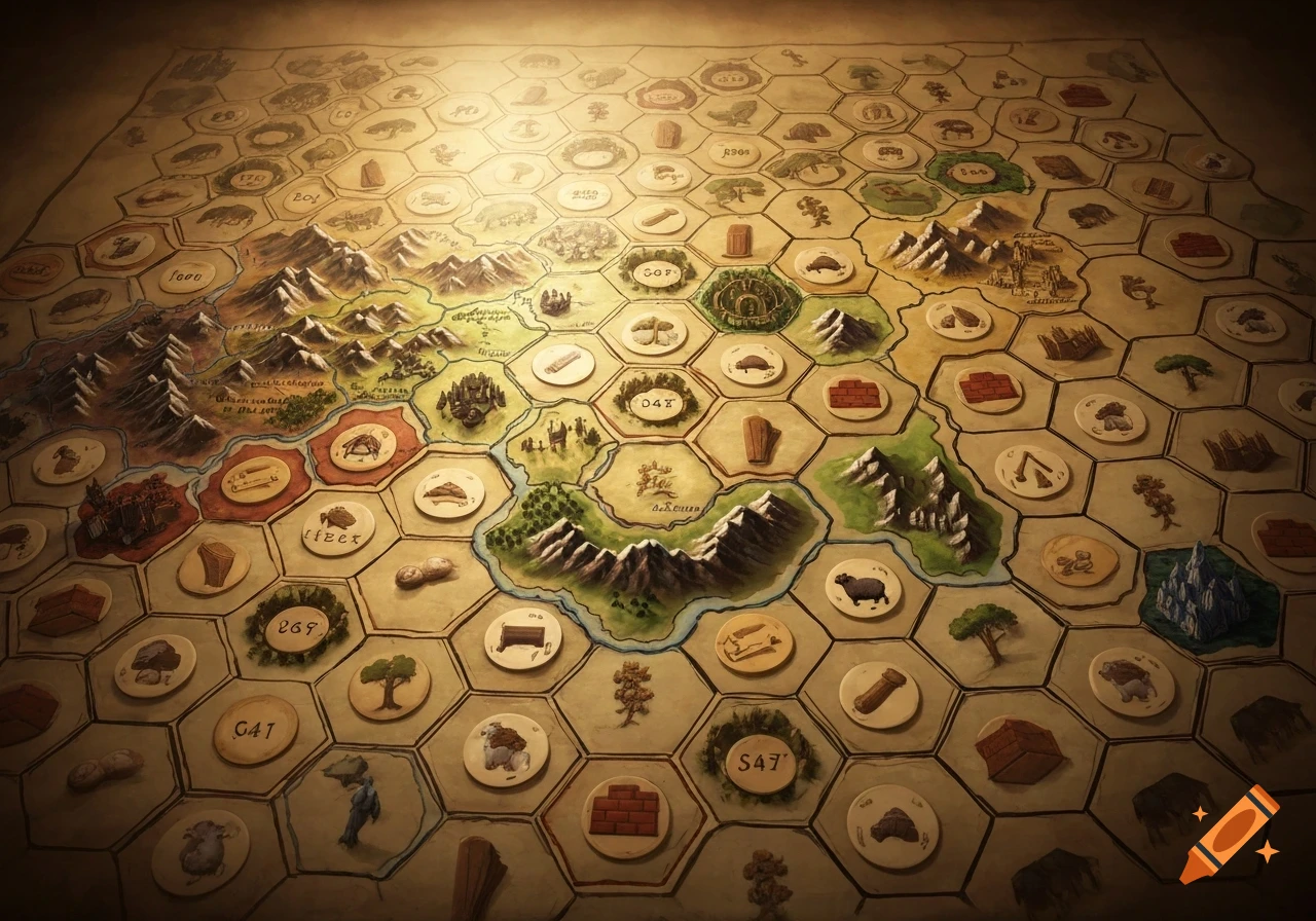 An overhead view of a vintage-style fantasy board game map with a hexagonal grid, featuring mountains, rivers, forests, and small iconic illustrations on tiles.