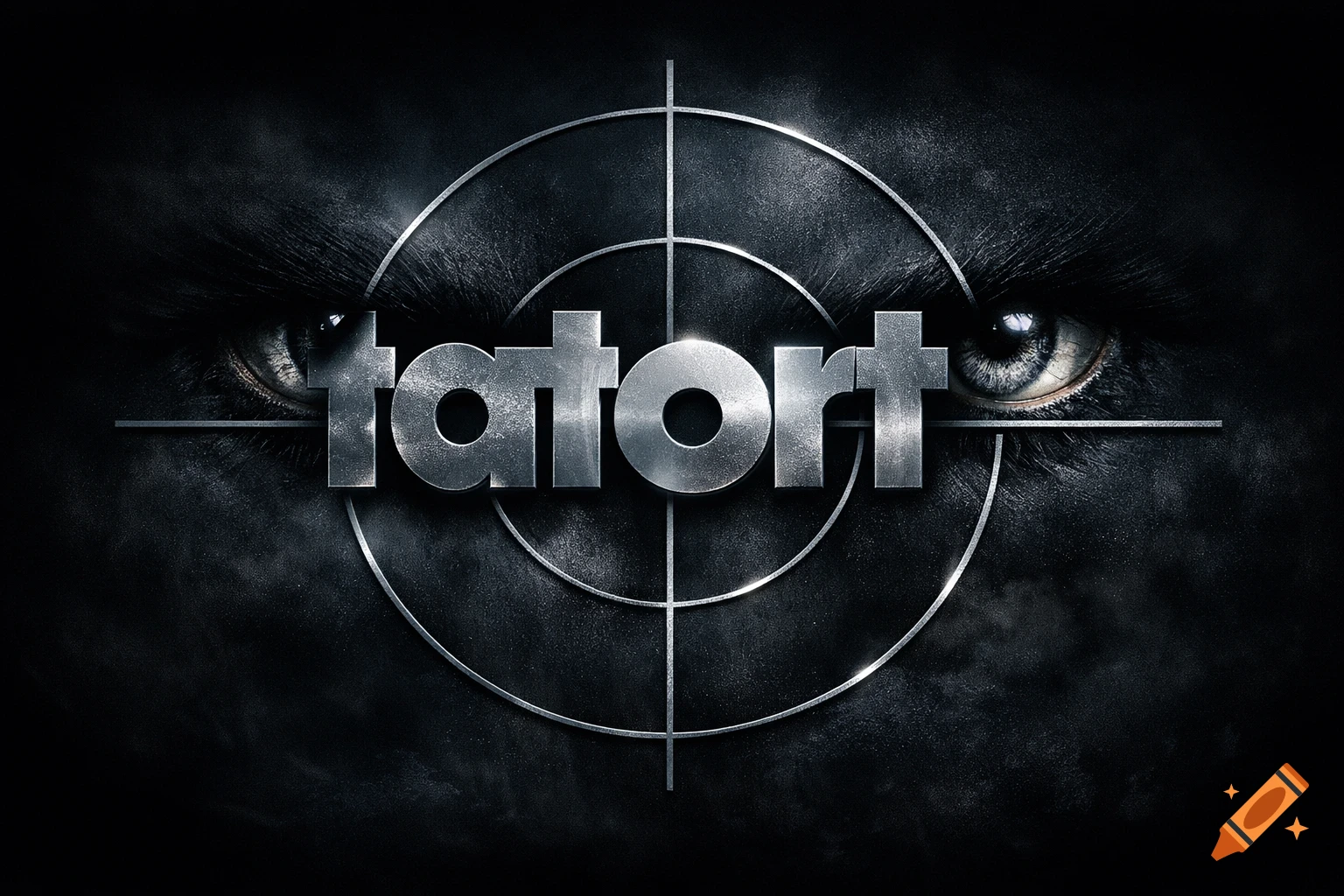 A dark, intense image featuring a metallic 'tatort' logo over a pair of human eyes, with a target reticle overlay.