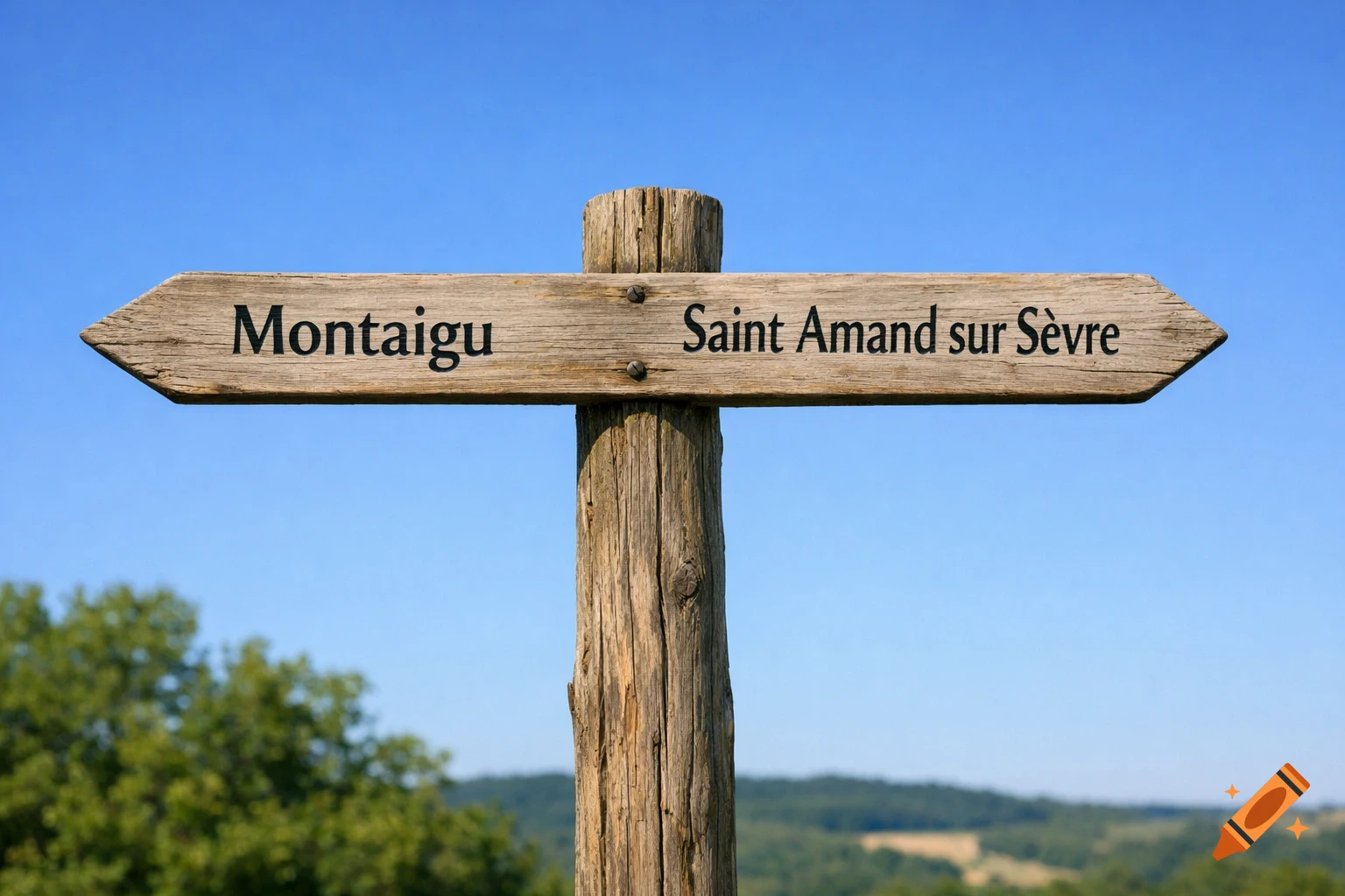 A rustic wooden signpost with arrows pointing left to "Montaigu" and right to "Saint Amand sur Sèvre" against a blue sky.