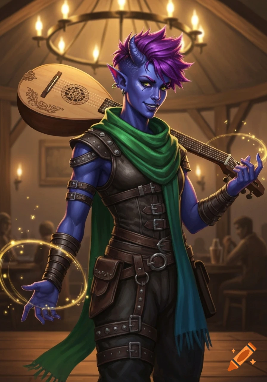 A smiling purple-skinned tiefling bard with short spiky purple hair and small horns, holding a lute and conjuring magic in a dimly lit tavern.