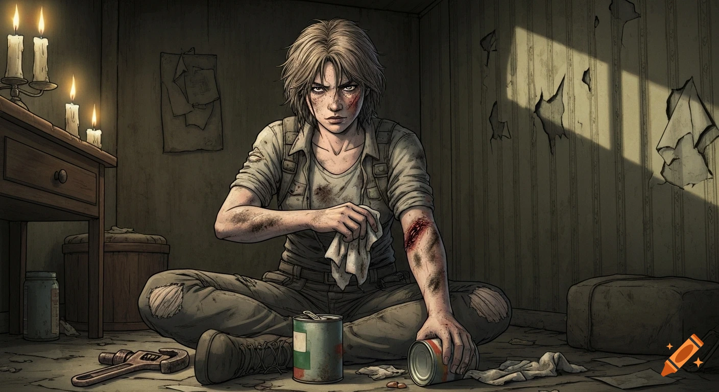 A young woman with a bloody arm wound cleans it with a cloth, sitting on the floor of a dilapidated room lit by candles in comic art style.