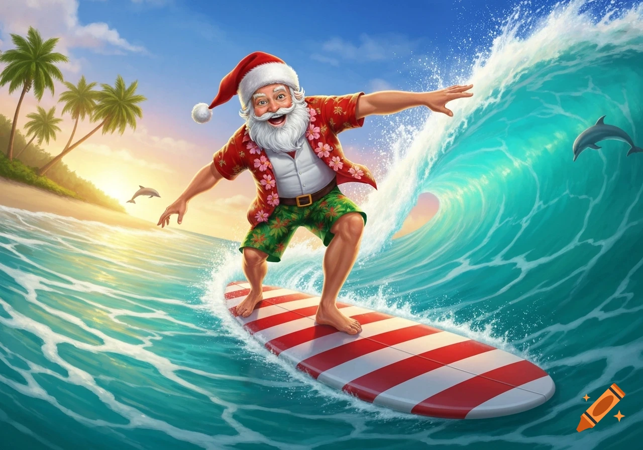 Santa Claus in a Hawaiian shirt and shorts surfs a candy-cane striped board on a large wave near a tropical beach with palm trees and dolphins in a vibrant cartoon style.