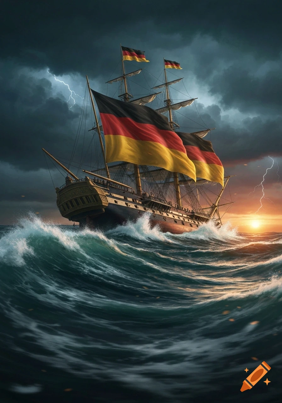A tall ship with large German flags on its sails and masts battles rough waves under a stormy sky with lightning and a setting sun.