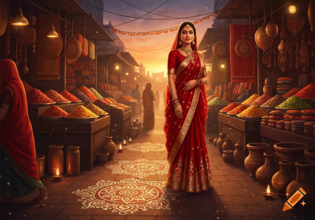 A woman in a red sari stands in a vibrant Indian market at sunset, surrounded by colorful spices and lanterns.