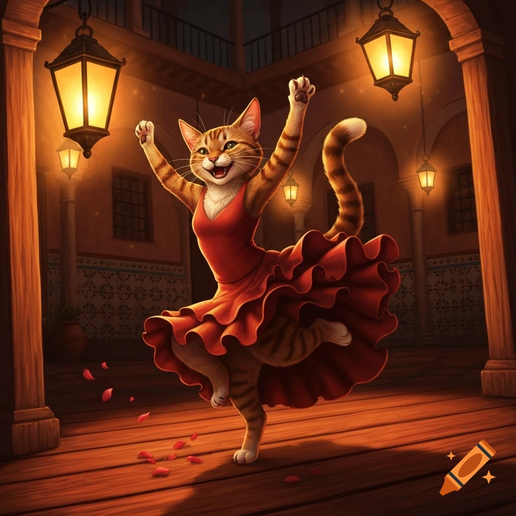 A happy tabby cat in a red ruffled dress dances with arms raised in a lantern-lit, Spanish-style courtyard. Digital illustration.