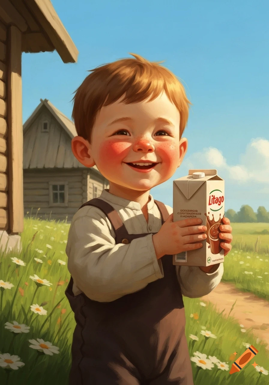 A smiling, happy boy with red cheeks and brown hair holds a Litago chocolate milk carton in a green field with white flowers, a wooden house in the background. Digital art.