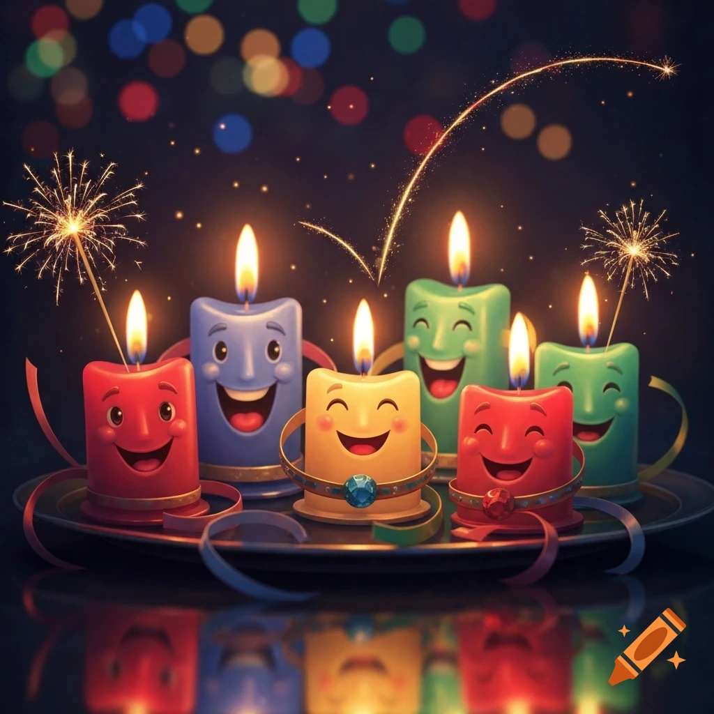Six happy, cartoonish candles in various colors on a reflective surface, adorned with ribbons and lit sparklers, against a festive bokeh background.
