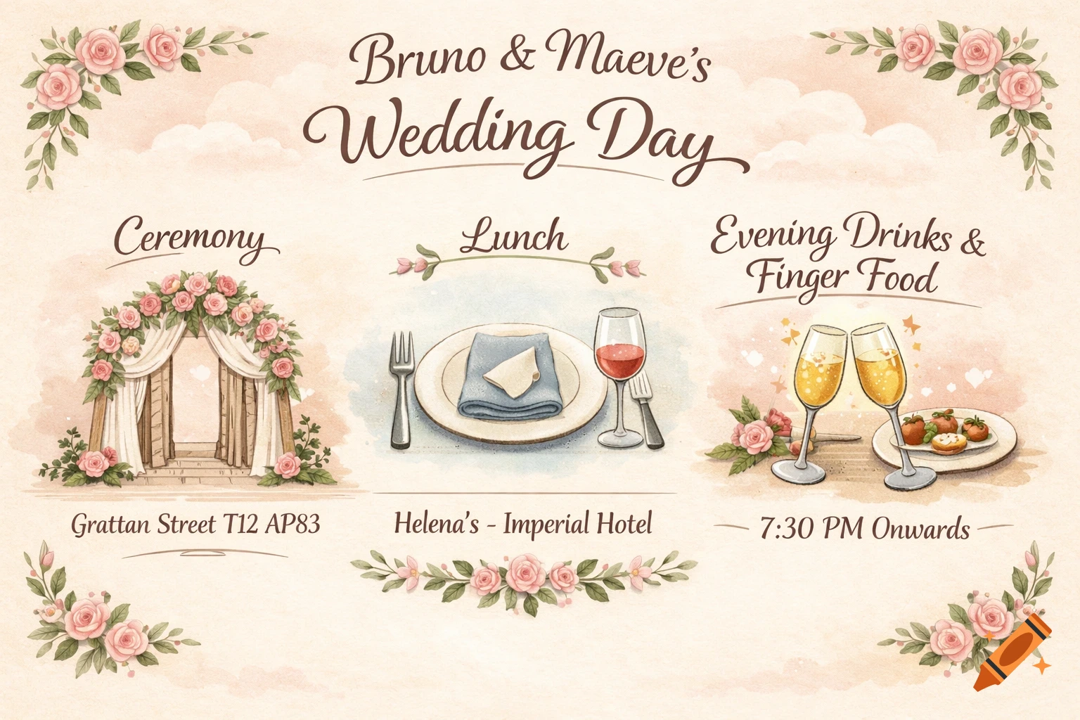 Watercolor illustration of a wedding itinerary for Bruno and Maeve, featuring a floral arch, a dinner setting, and champagne flutes.