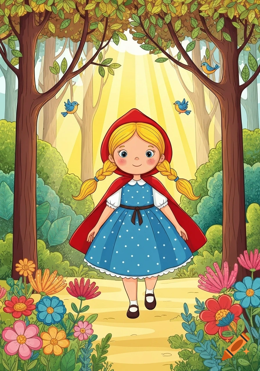 A cheerful storybook illustration of Little Red Riding Hood with blonde pigtails and a blue polka dot dress walking through a bright forest with trees, birds, and colorful flowers.