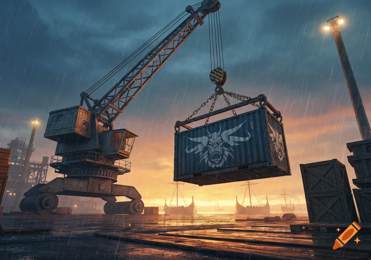 A large crane lifts a container with a stylized dragon head logo in a rainy port, with Viking ships sailing in the sunset background.
